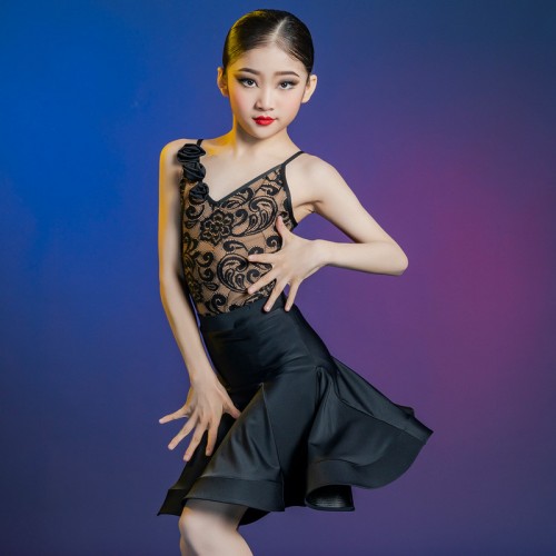 Black lace latin dance dresses for girls kids children salsa cha cha rumba ballroom dancing sling costumes for baby